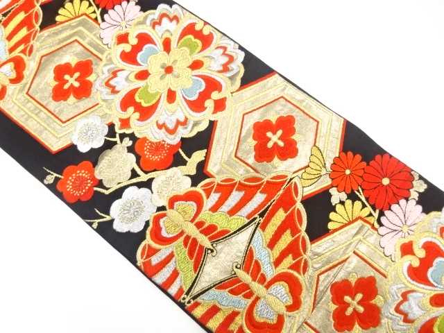 JAPANESE KIMONO / ANTIQUE FUKURO OBI / SILK / WOVEN BUTTERFLY